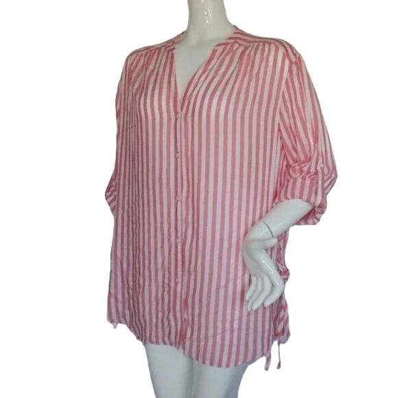 new A.N.A. Top, L, Tigerlilly, Coral/White, stripes, Lace up sides, Buttons, LS - Picture 4 of 11